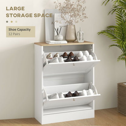 2 Flip Drawer Narrow Shoe Cabinet with Adjustable Shelves, White