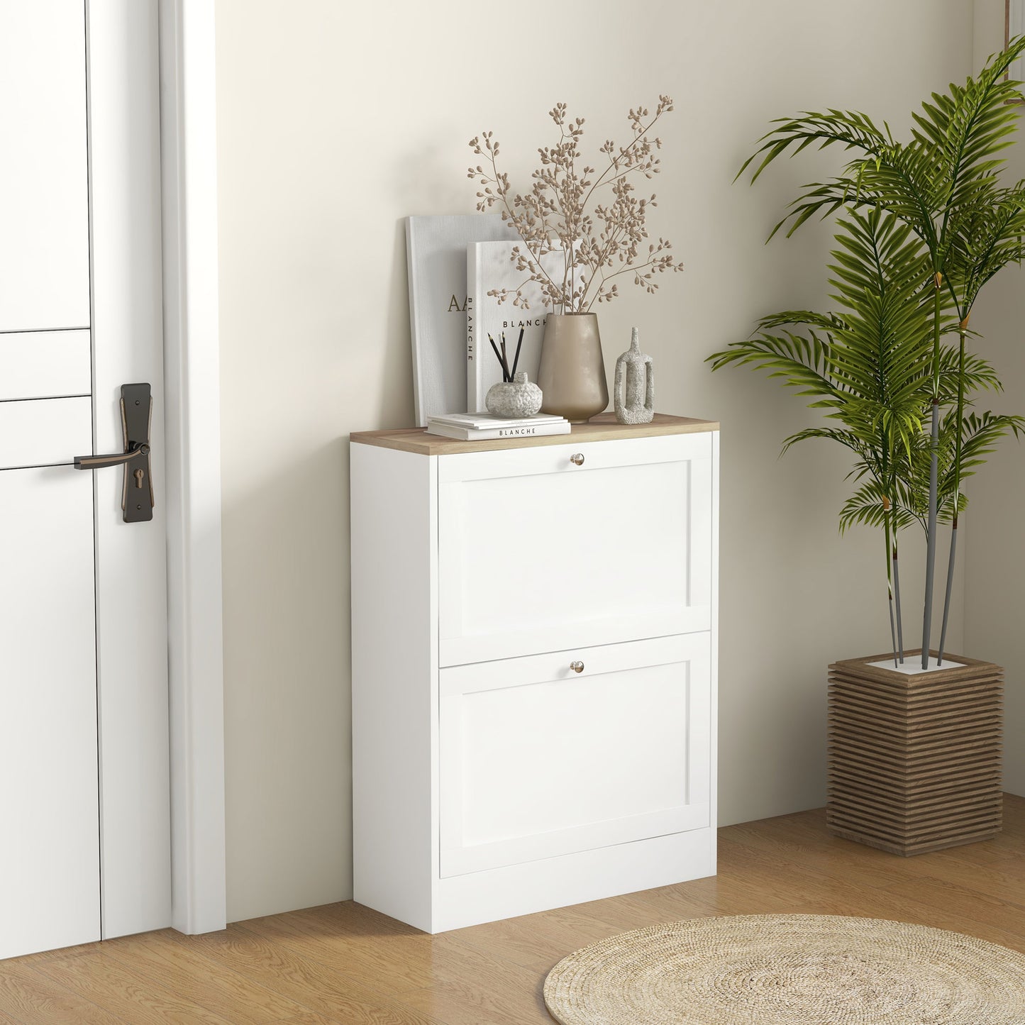 2 Flip Drawer Narrow Shoe Cabinet with Adjustable Shelves, White