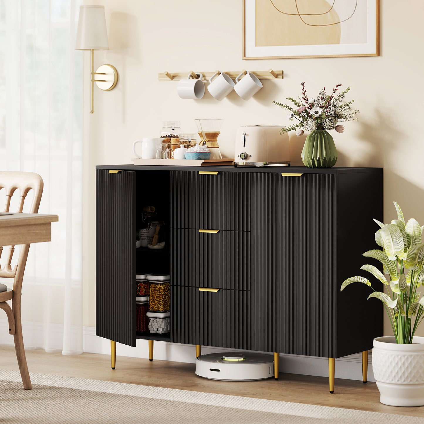 Sideboard Buffet Cabinet w/ 3 Drawers and Adjustable Shelves, Black