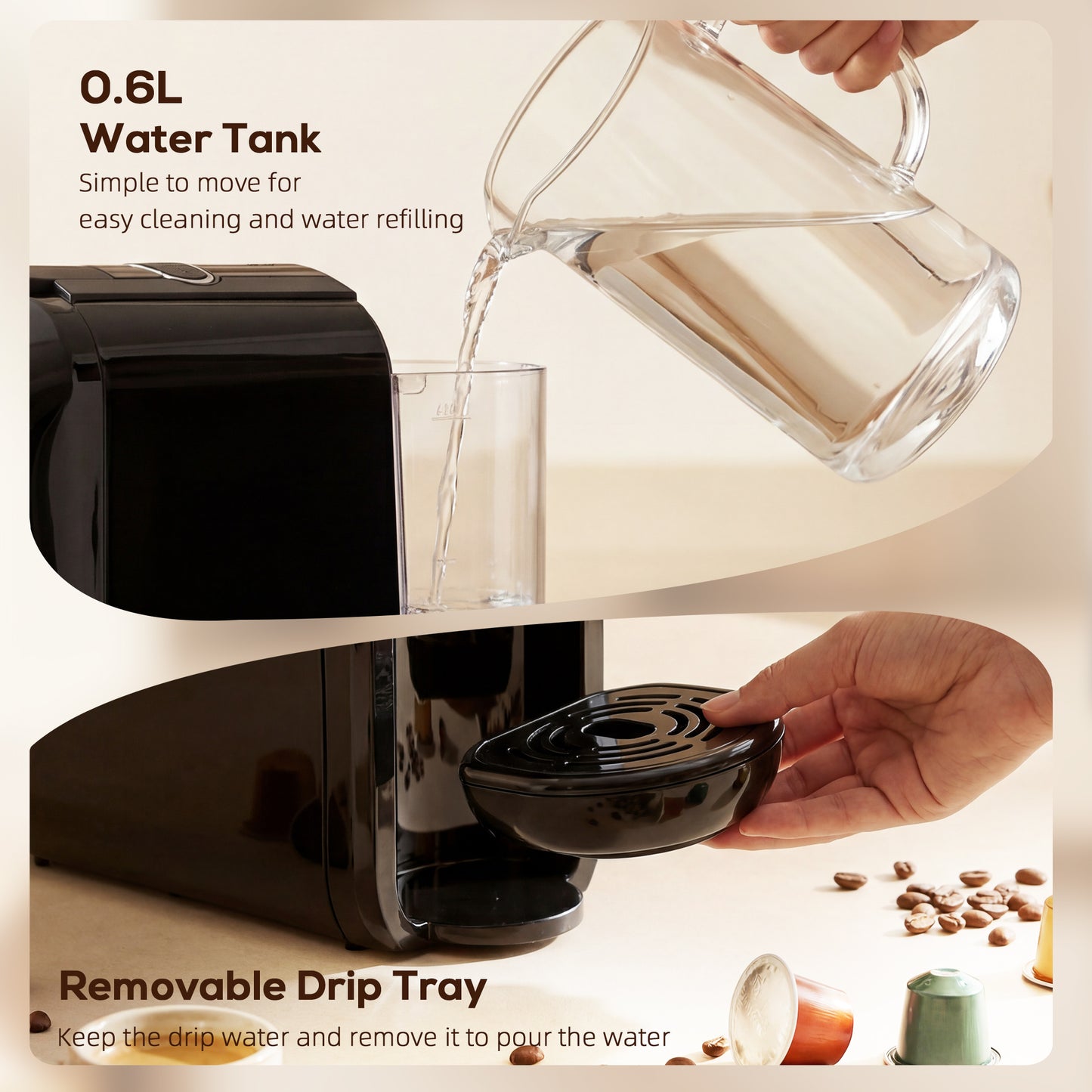 Pod Coffee Machine for Nespresso and Dolce Gusto Capsule, 19 Bar