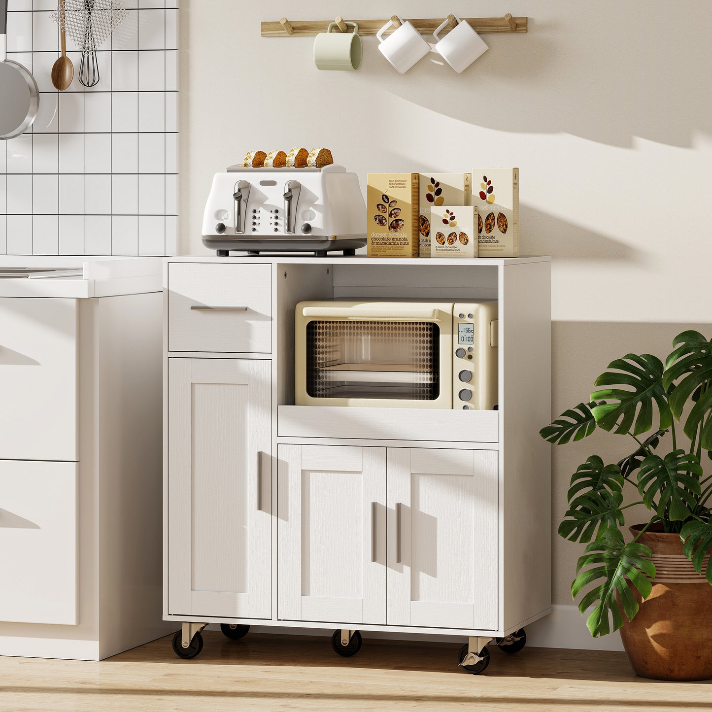 Rolling Kitchen Cart, Microwave Cabinet, Sliding Tray, Drawer, 3-Door Cupboards, Adjustable Shelf, Open Compartment, Kitchen Island, Dining Room, White