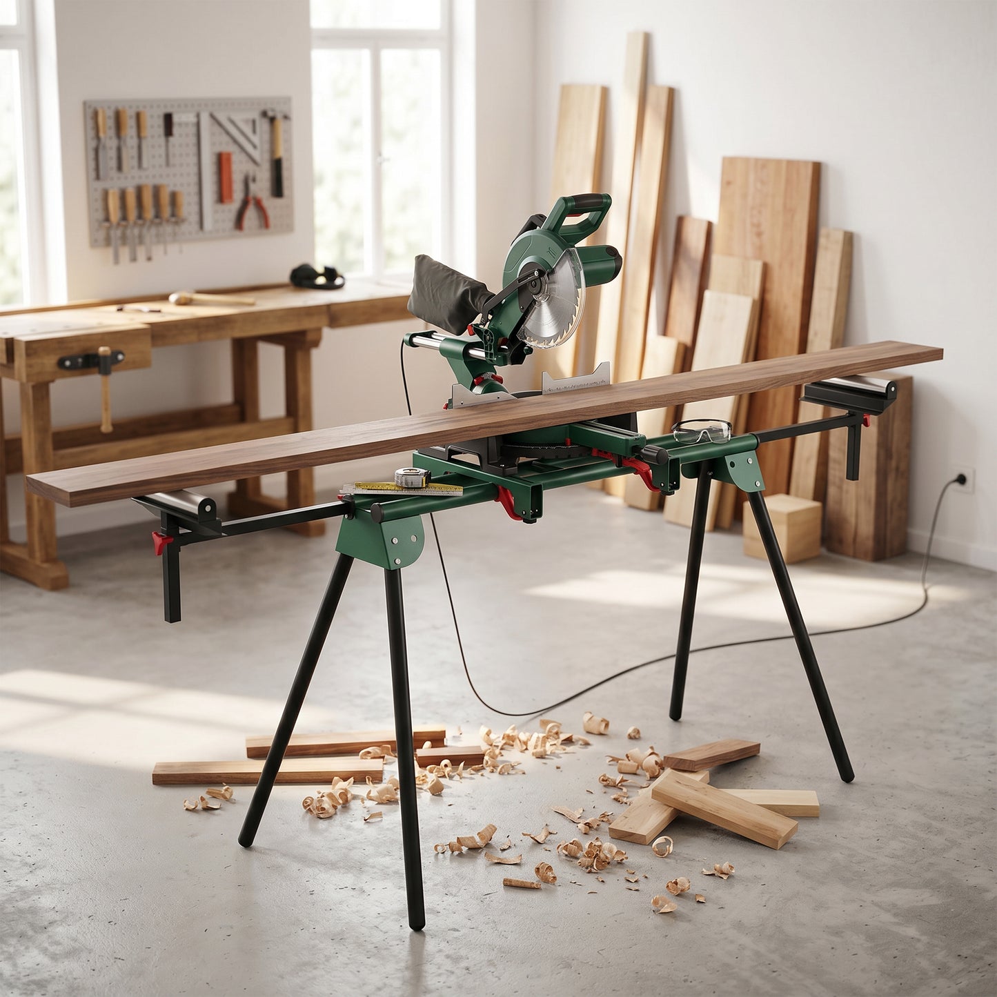 Universal Mitre Saw Stand with Adjustable Rollers and Support Arms, Portable Miter Saw Stand with Folding Legs, Heavy-Duty Height-Adjustable Pull-Out Work Piece Supports, Max Load 150kg, Green