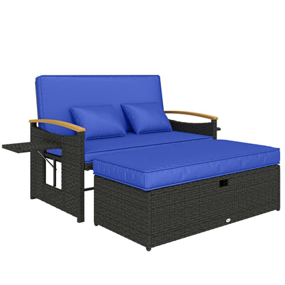 Double Garden Rattan Daybed with Storage Ottoman, Brown & Blue Cushions