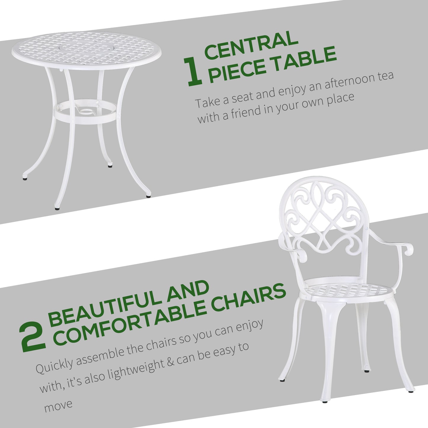 3PCs Garden Bistro Set Cast Aluminium Round Table with 2 Chairs White