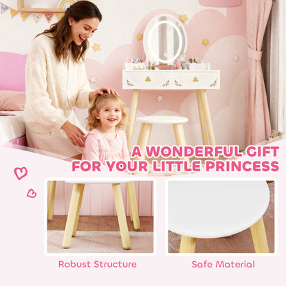 Kids Vanity Table and Chair Set with 3-Colour LED Lights Mirror
