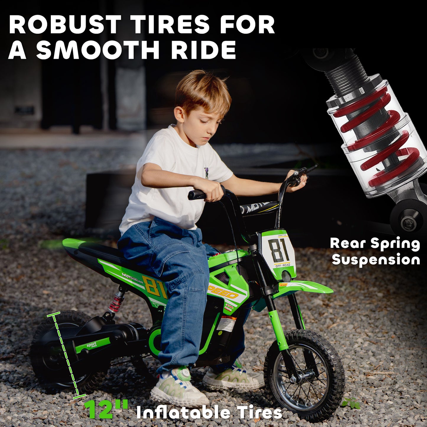 Kids Electric Motorbike, 24V Battery Powered Dirt Bike with 250W Motor, 6-16km/h, 7AH Batteries, 12" Inflatable Tires and Rear Suspension, Ride On Motorcycle for 8-12 Years Old, Green