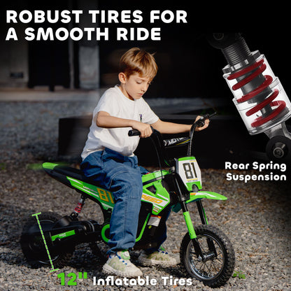 Kids Electric Motorbike, 24V Battery Powered Dirt Bike with 250W Motor, 6-16km/h, 7AH Batteries, 12" Inflatable Tires and Rear Suspension, Ride On Motorcycle for 8-12 Years Old, Green