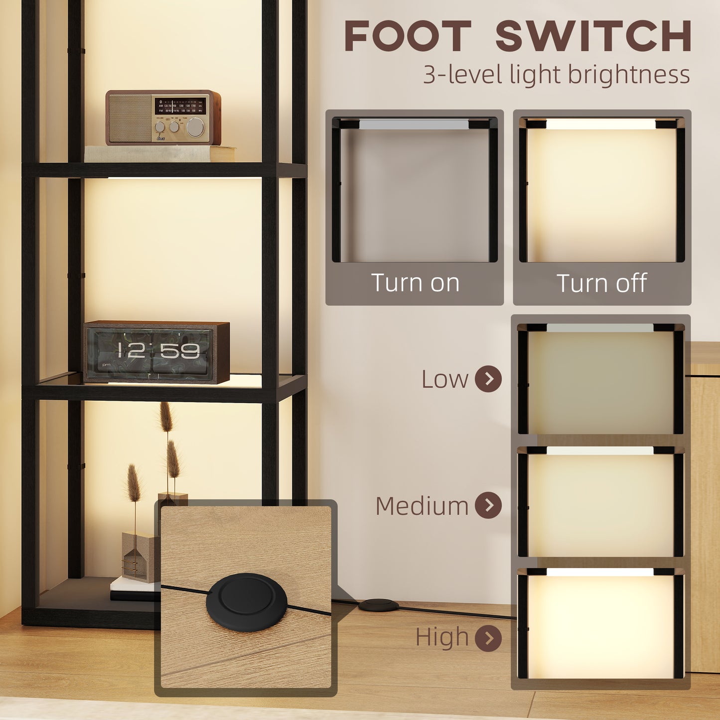 LED Floor Lamp with Glass Shelves, Dimmable Room Lamp, Black