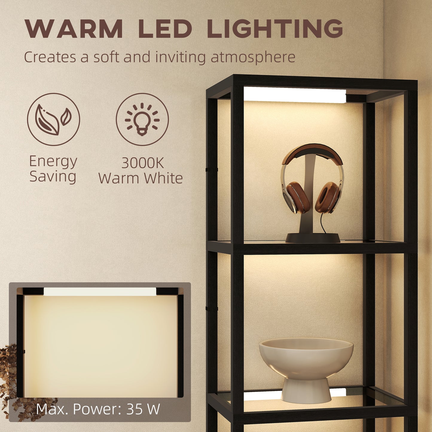 LED Floor Lamp with Glass Shelves, Dimmable Room Lamp, Black