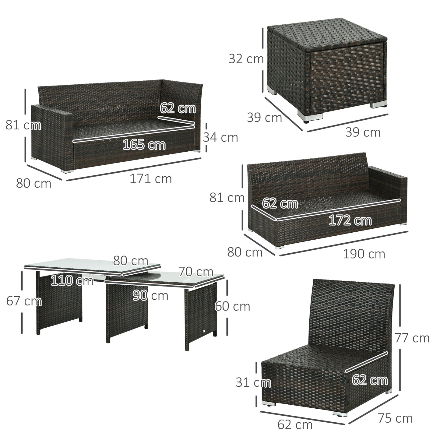 10-Seater Sofa Sectional w/ Cushioned Seat, Footstools and Glass Table