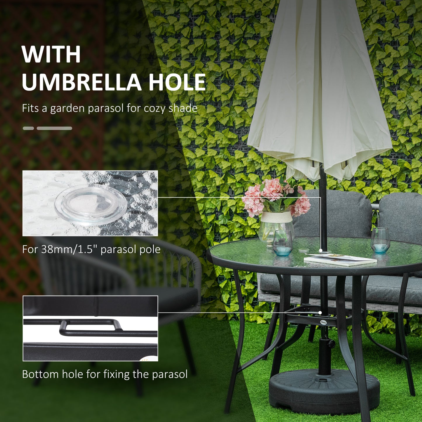 106cm Round Garden Dining Table with Parasol Hole Tempered Glass Top
