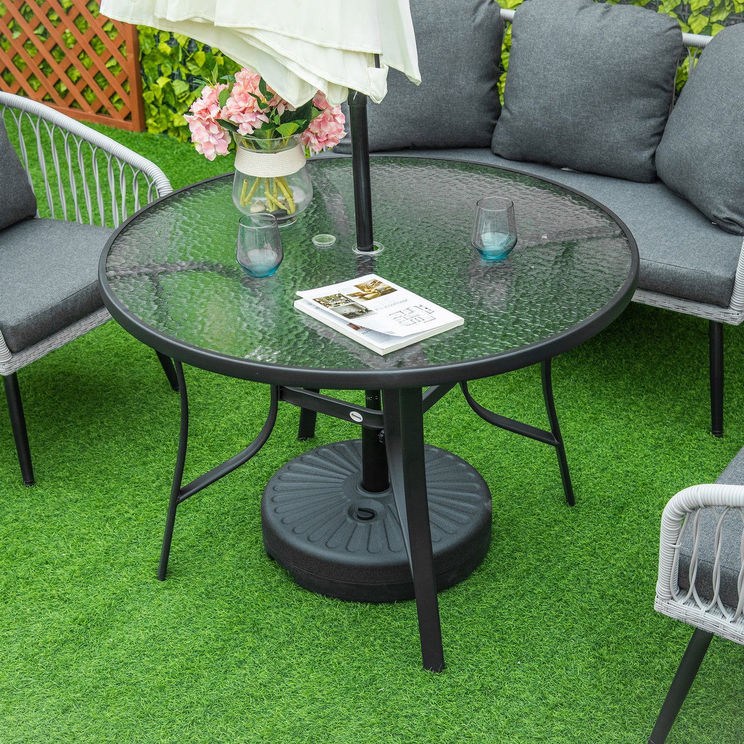 106cm Round Garden Dining Table with Parasol Hole Tempered Glass Top