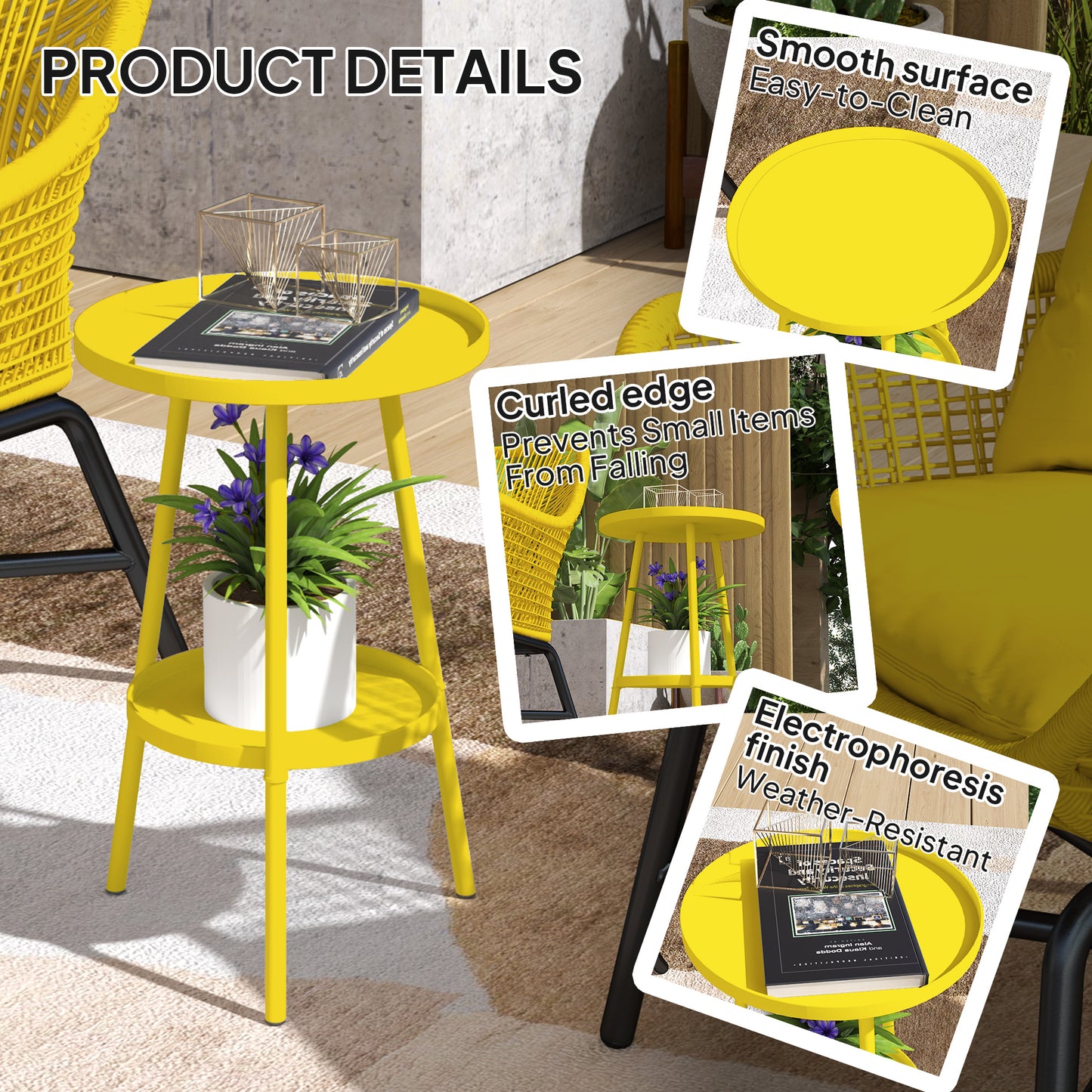 Round Garden Table, 2-Tier Metal Patio Table Coffee Table, Yellow