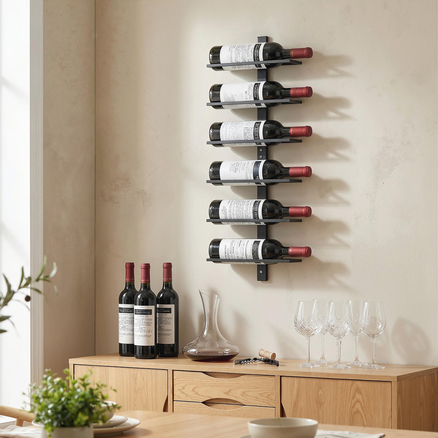 Wall Mount Wine Rack for 6 Wine Bottles, Black