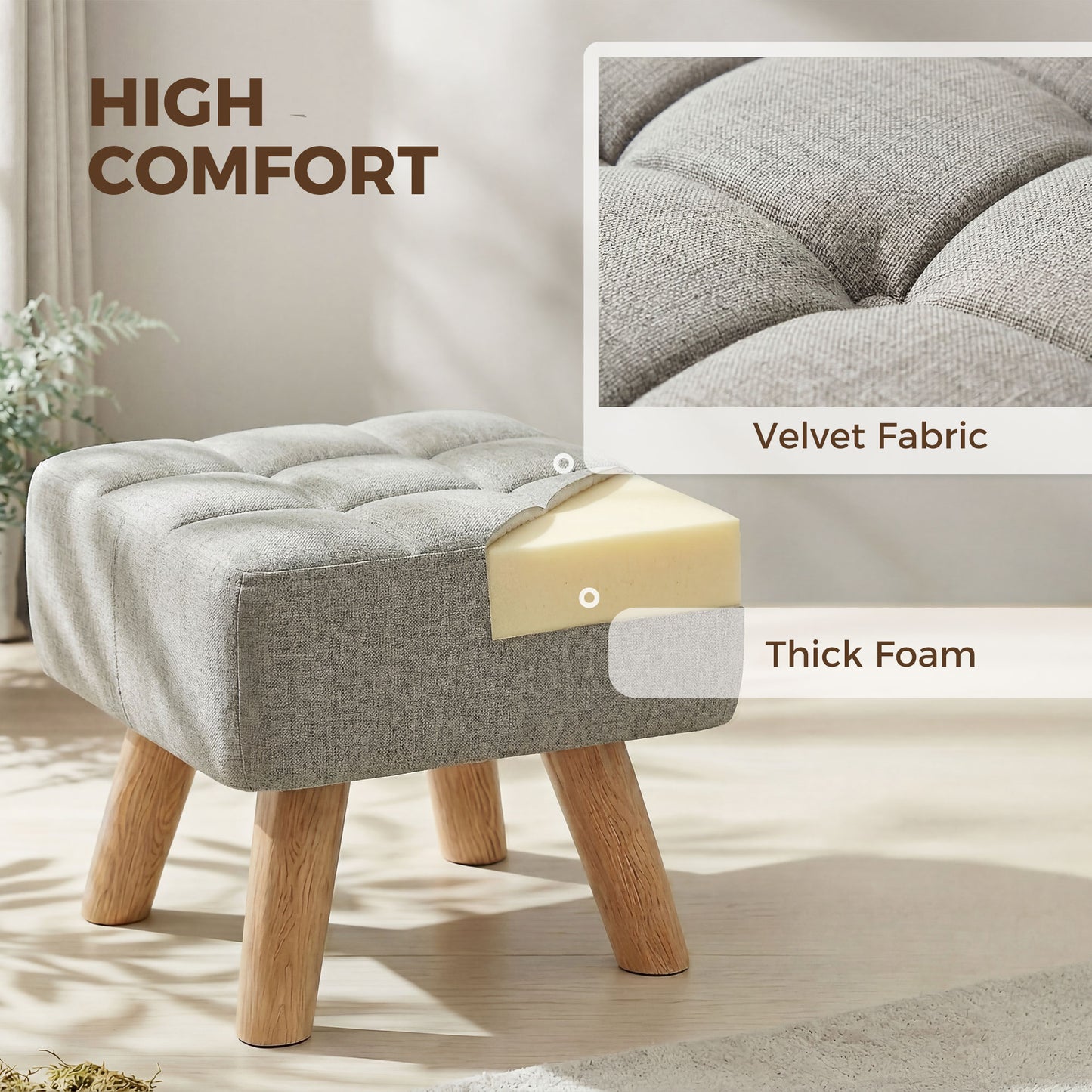 Modern Footstool, Fabric Foot Rest with Rubber Wood Legs, Brown