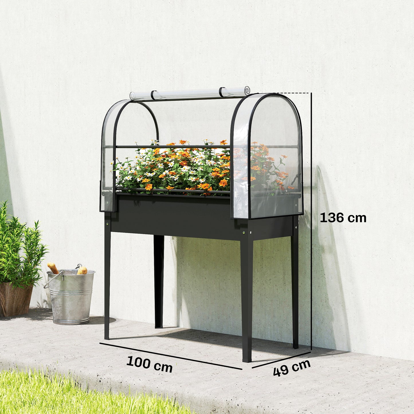 Metal Raised Planter with Flip-Up Greenhouse, Drainage Hole, Black