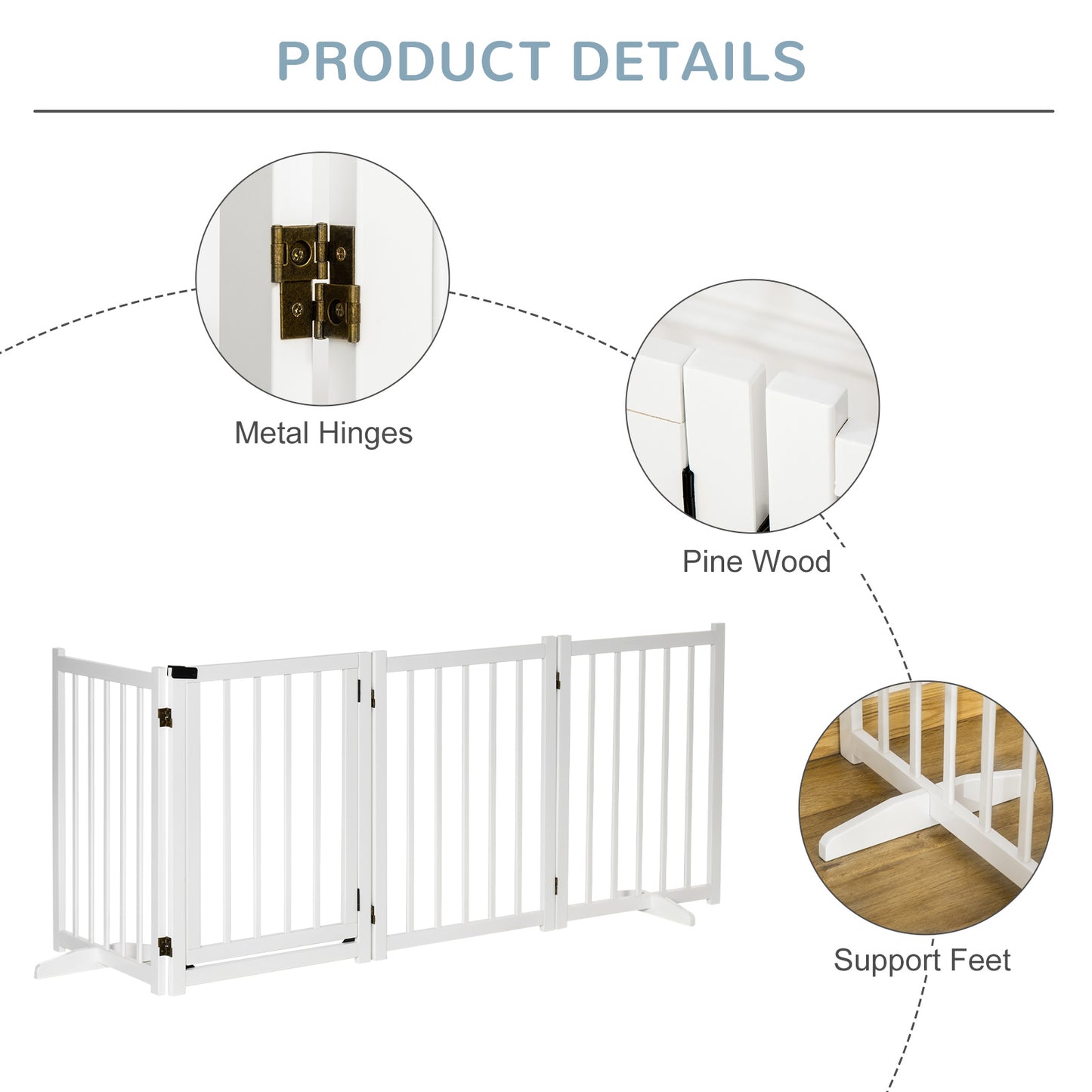 Freestanding Pet Gate for Small and Medium Dogs, Wooden Foldable Dog Safety Barrier with 4 Panels, 2 Support Feet, 80 cm Tall for Doorways, Stairs White