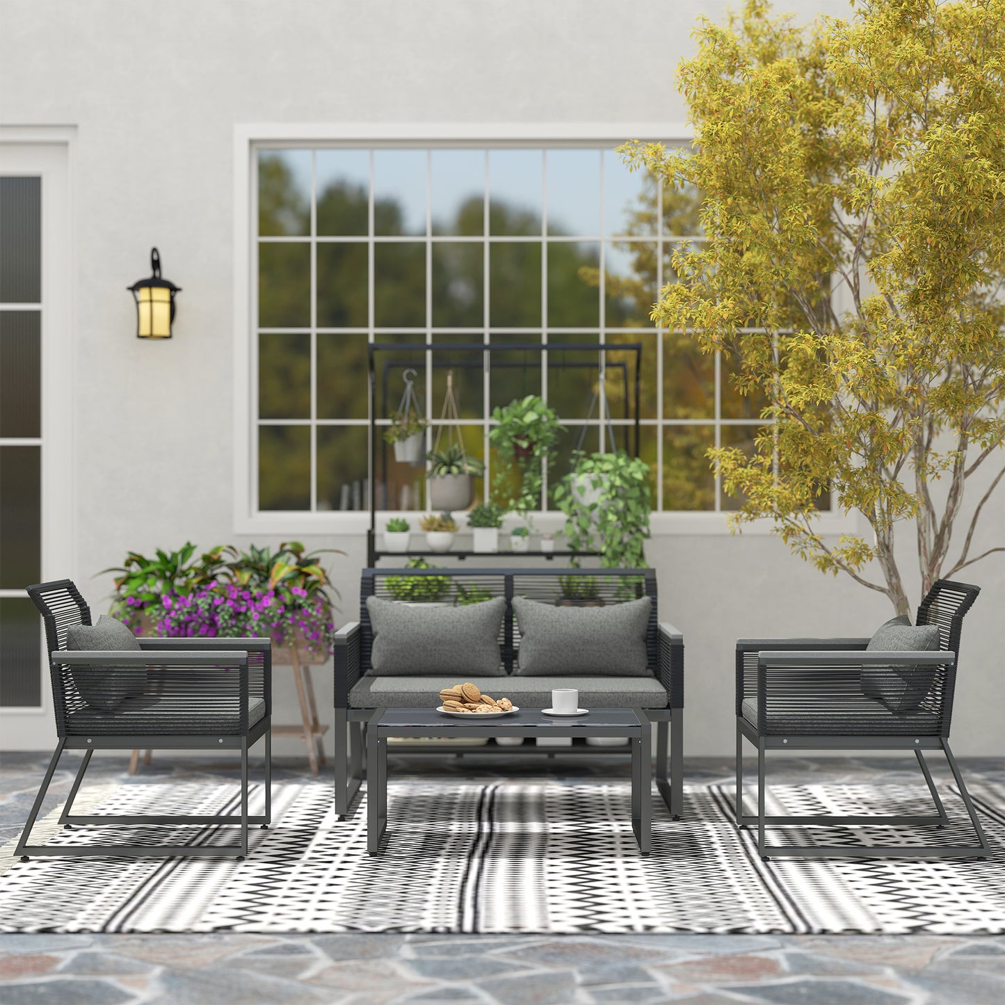 4 Pieces Rattan Garden Furniture Set for 4 Person, Charcoal Grey