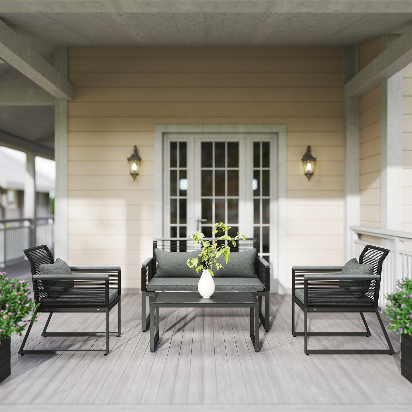 4 Pieces Rattan Garden Furniture Set for 4 Person, Charcoal Grey