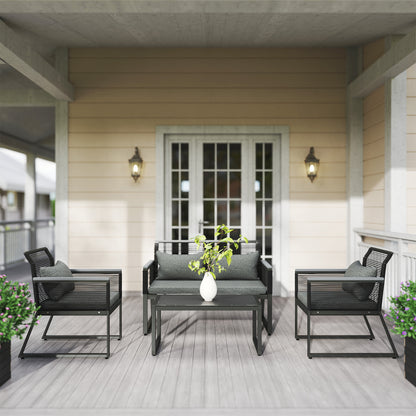 4 Pieces Rattan Garden Furniture Set for 4 Person, Charcoal Grey