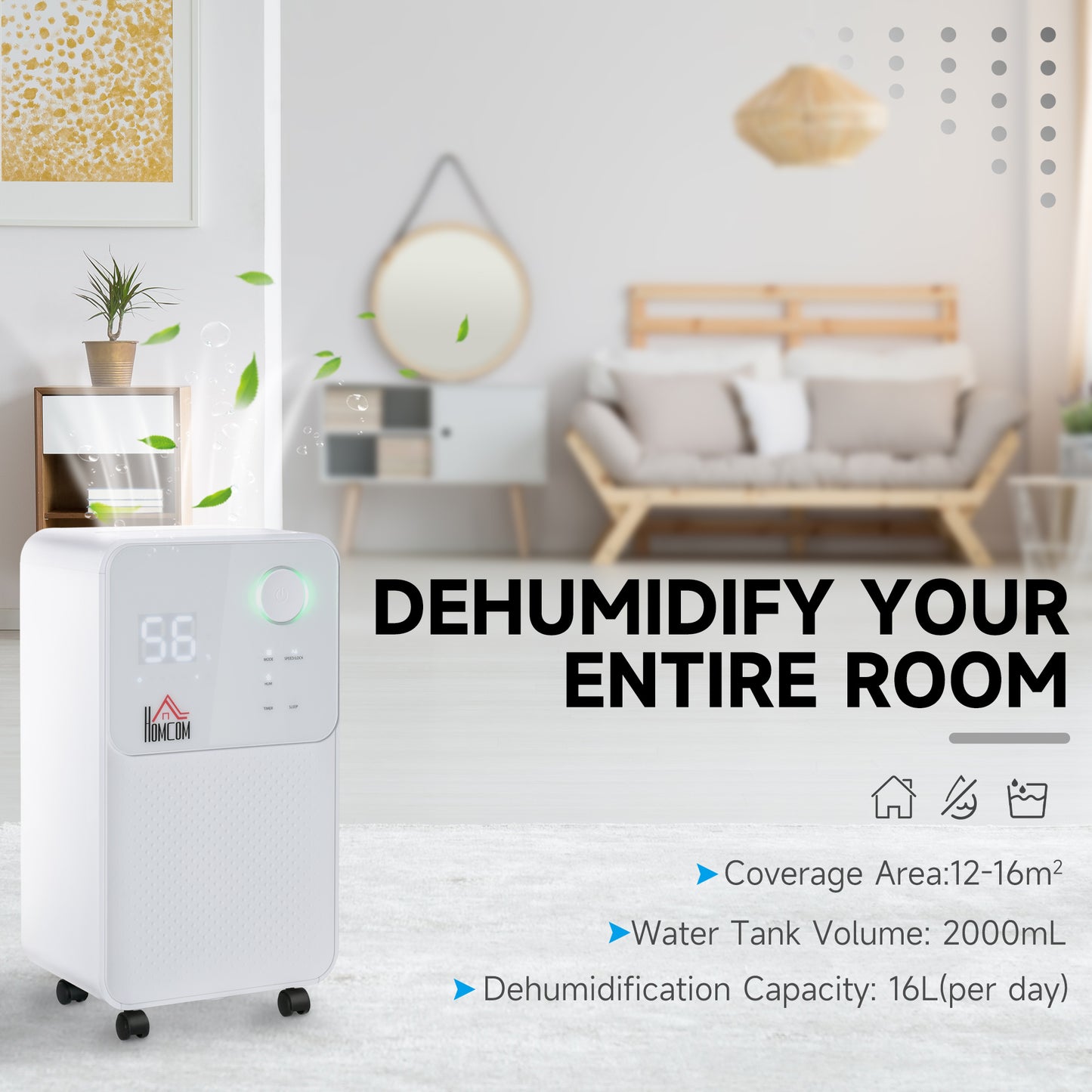 2L Portable Quiet Dehumidifier, 12L/Day Electric Air De-Humidifier