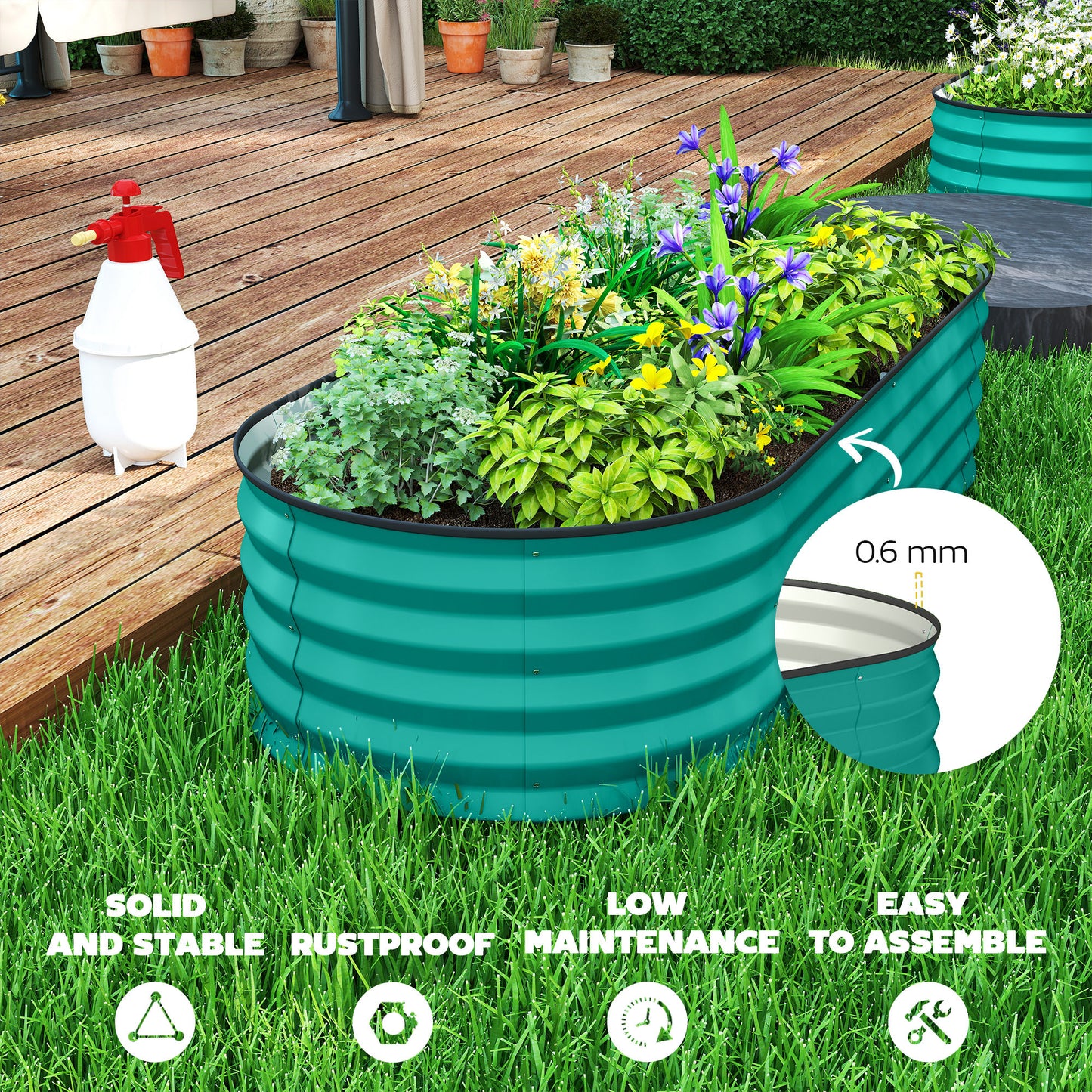 Set of 2 Raised Beds for Garden with Metal Plant Stakes, Green