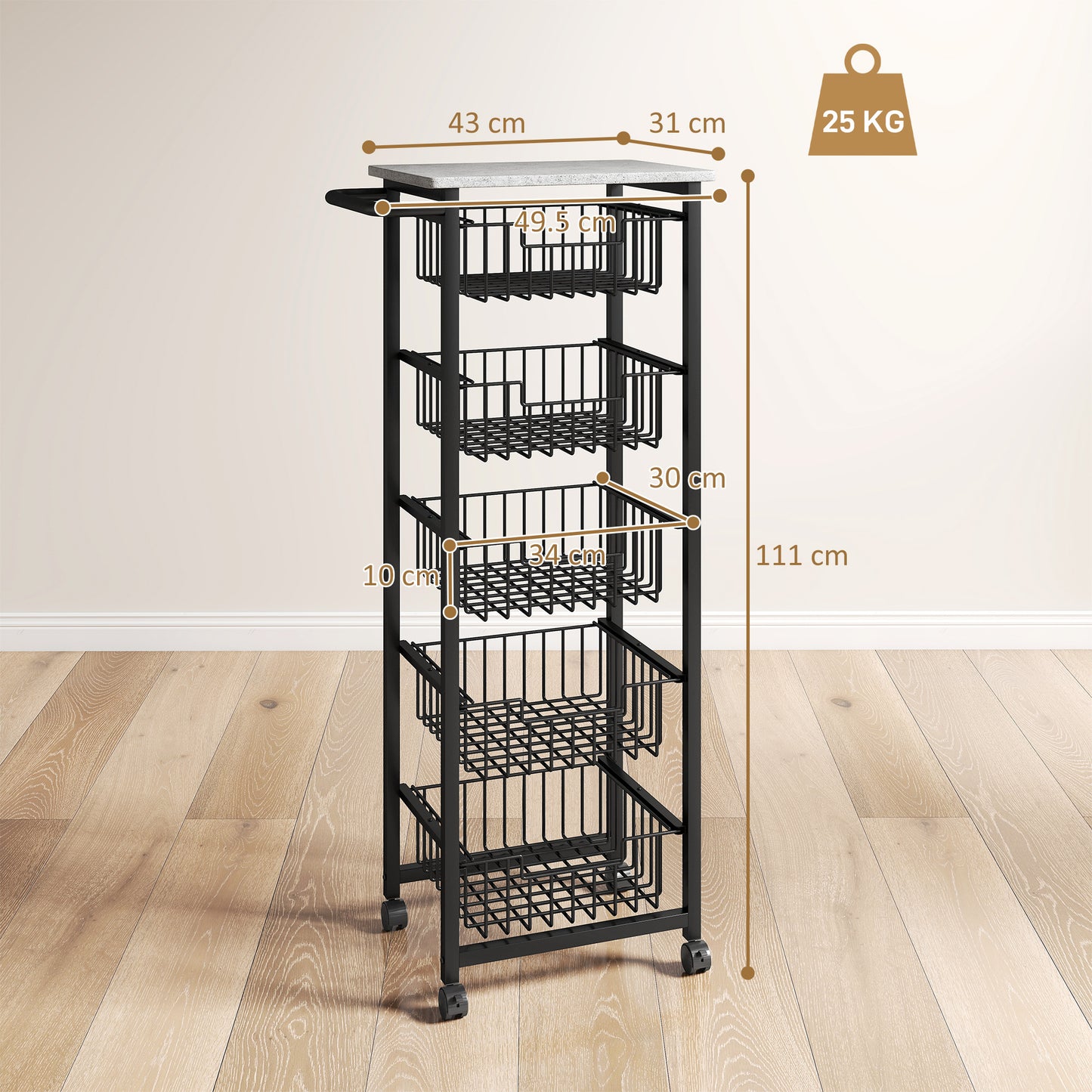 3 Tier Kitchen Trolley on Wheels Serving Cart with Handles Silver
