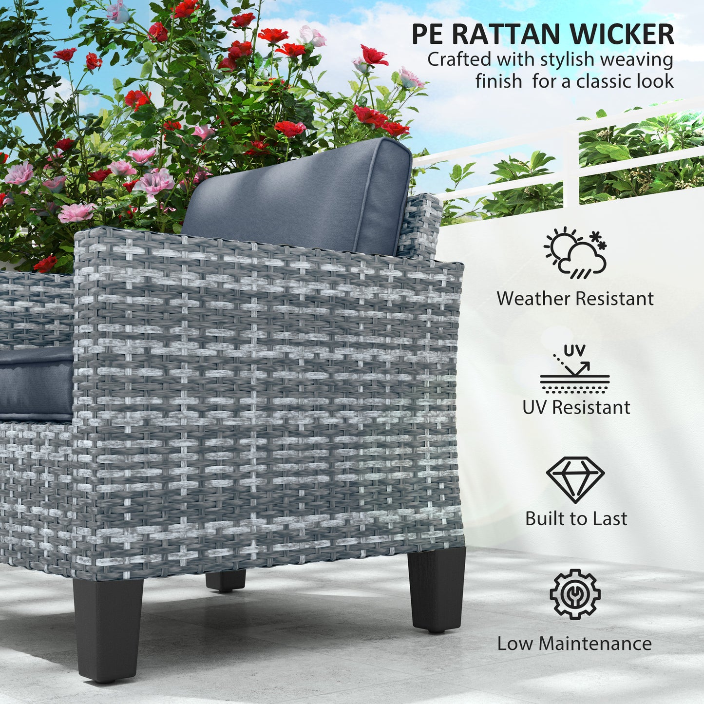 Single Rattan Chair, Garden Armchair with Cushions, Light Grey