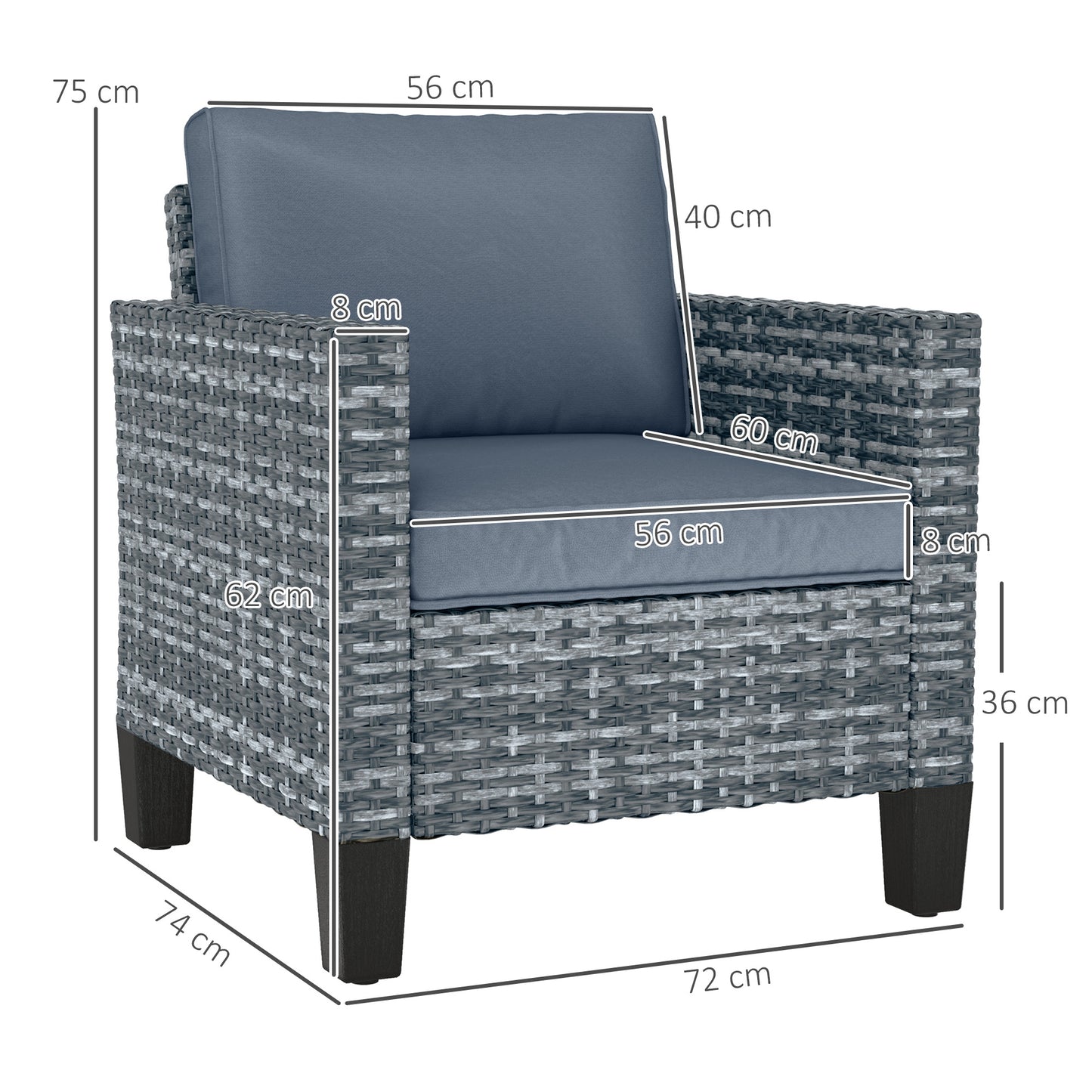 Single Rattan Chair, Garden Armchair with Cushions, Light Grey