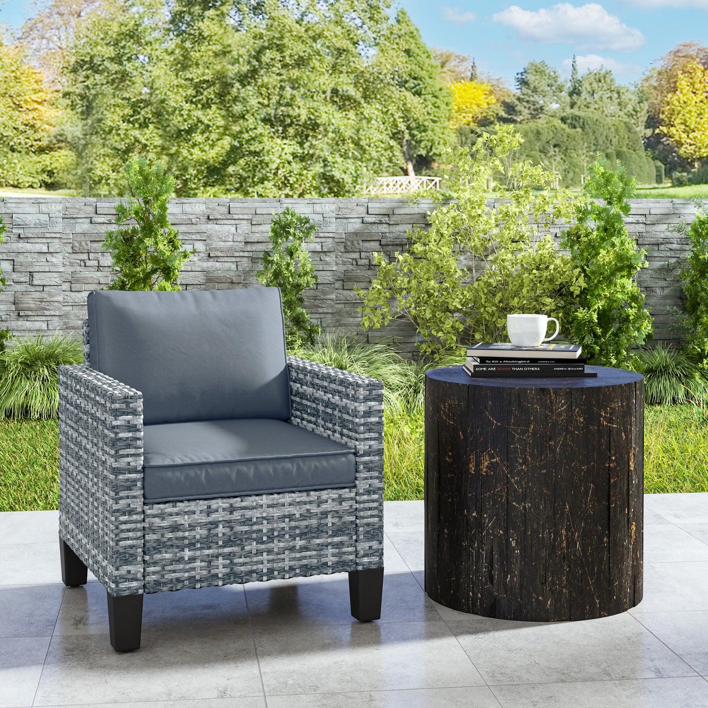 Single Rattan Chair, Garden Armchair with Cushions, Light Grey