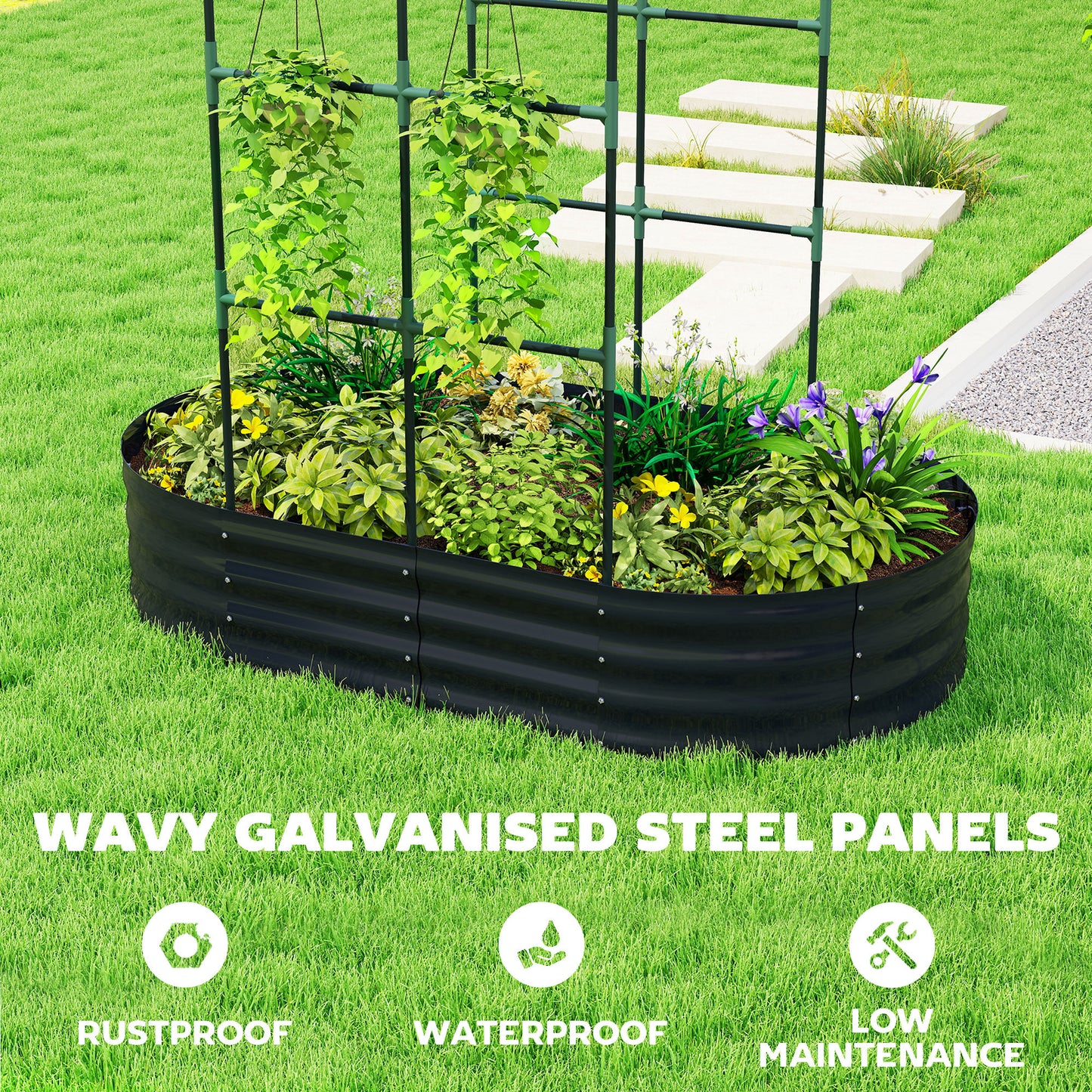 5 x 3 x 6ft Galvanised Raised Garden Bed with Trellis, Dark Grey