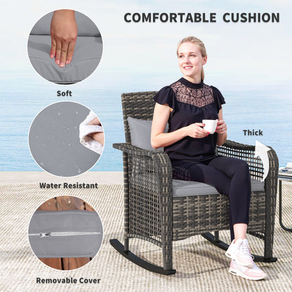 Rattan Garden Rocking Chair w/ Seat and Back Cushions, Light Grey