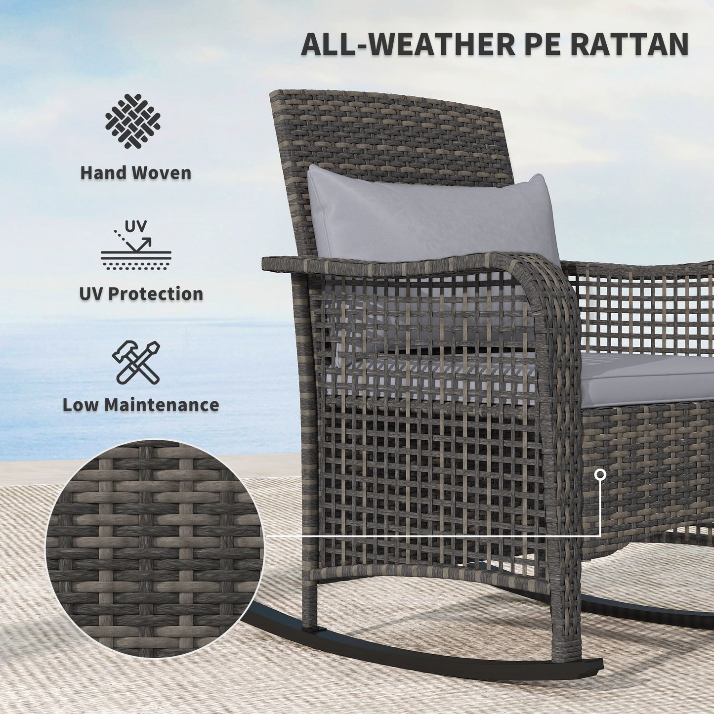 Rattan Garden Rocking Chair w/ Seat and Back Cushions, Light Grey