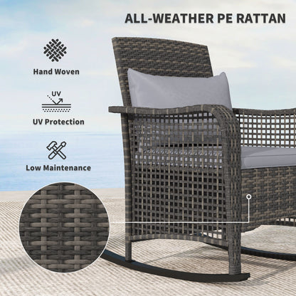 Rattan Garden Rocking Chair w/ Seat and Back Cushions, Light Grey