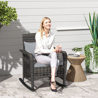 Rattan Garden Rocking Chair w/ Seat and Back Cushions, Light Grey