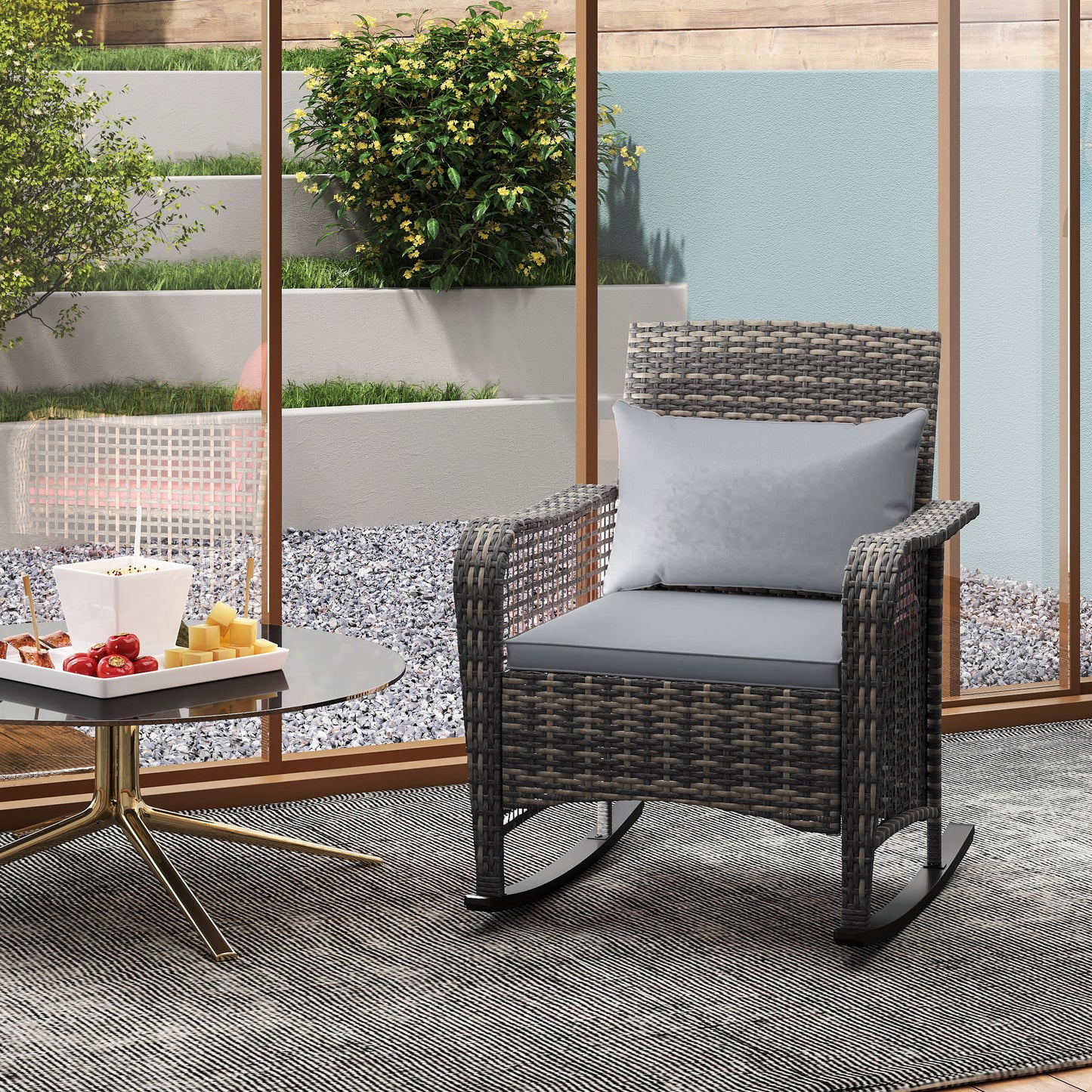 Rattan Garden Rocking Chair w/ Seat and Back Cushions, Light Grey