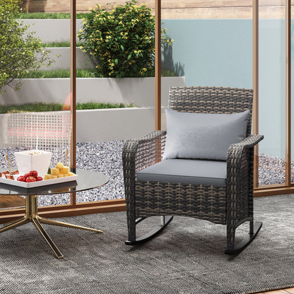 Rattan Garden Rocking Chair w/ Seat and Back Cushions, Light Grey