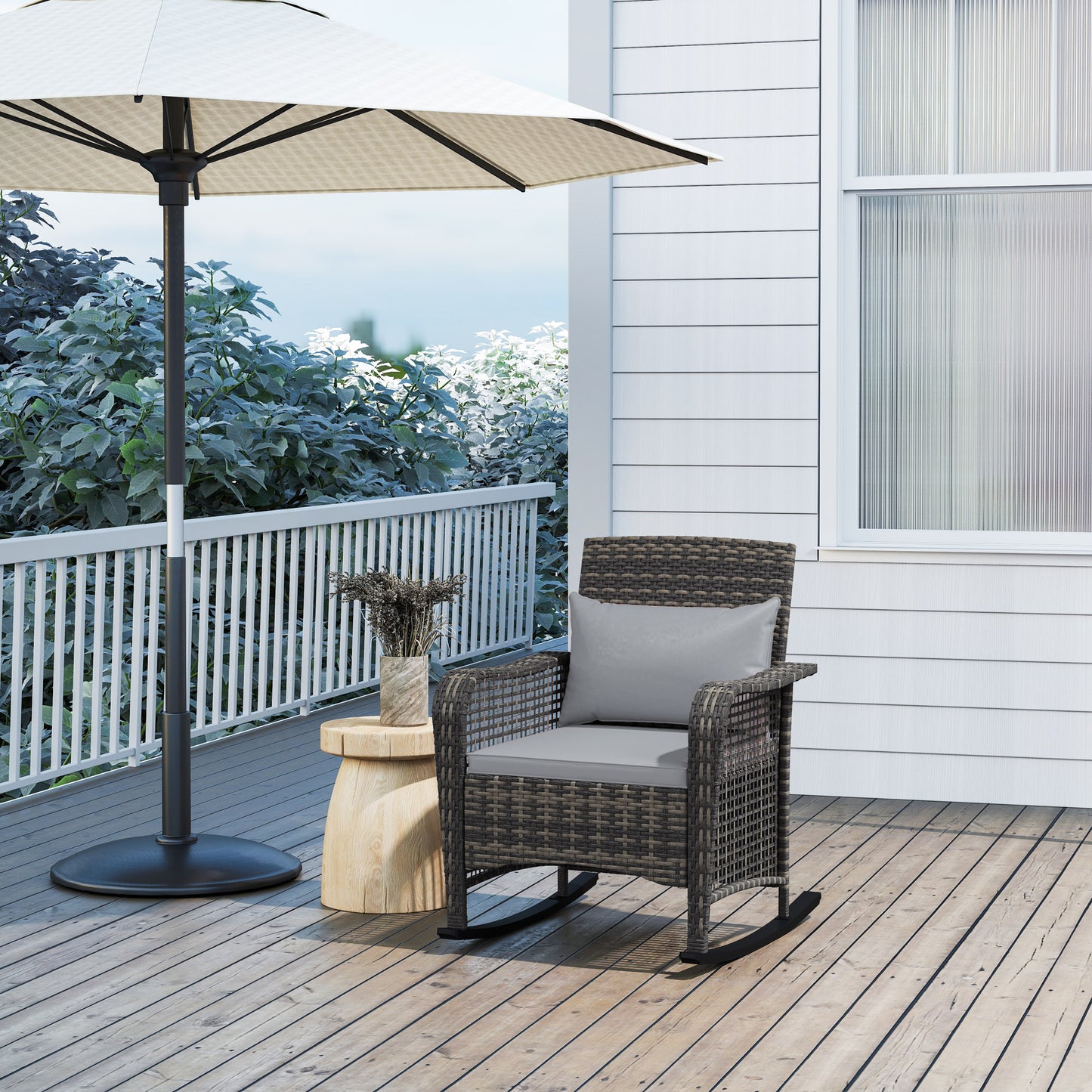 Rattan Garden Rocking Chair w/ Seat and Back Cushions, Light Grey