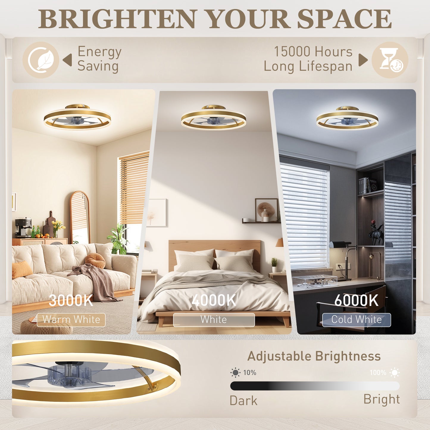 Ceiling Fan with Light and Remote, 3 Colour Temperatures, 50cm, Gold