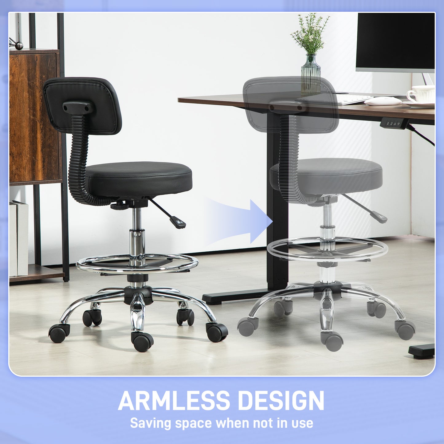 Faux Leather Adjustable Stool, 360° Swivel Chair for Study, Black