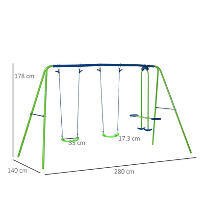 Metal Swings & Seesaw Set Double Seats with a Height Adjustable Children Outdoor Backyard Play Set for Toddlers Over 3 Years Old, Green