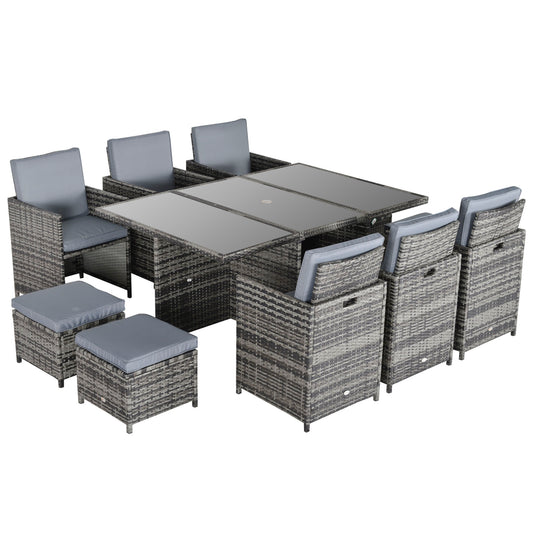 Outdoor 11pc Rattan Garden Furniture Patio Dining Set 10-seater Cube Set Weave Wicker 6 Chairs 4 Footrests & 1 Table Mixed Grey