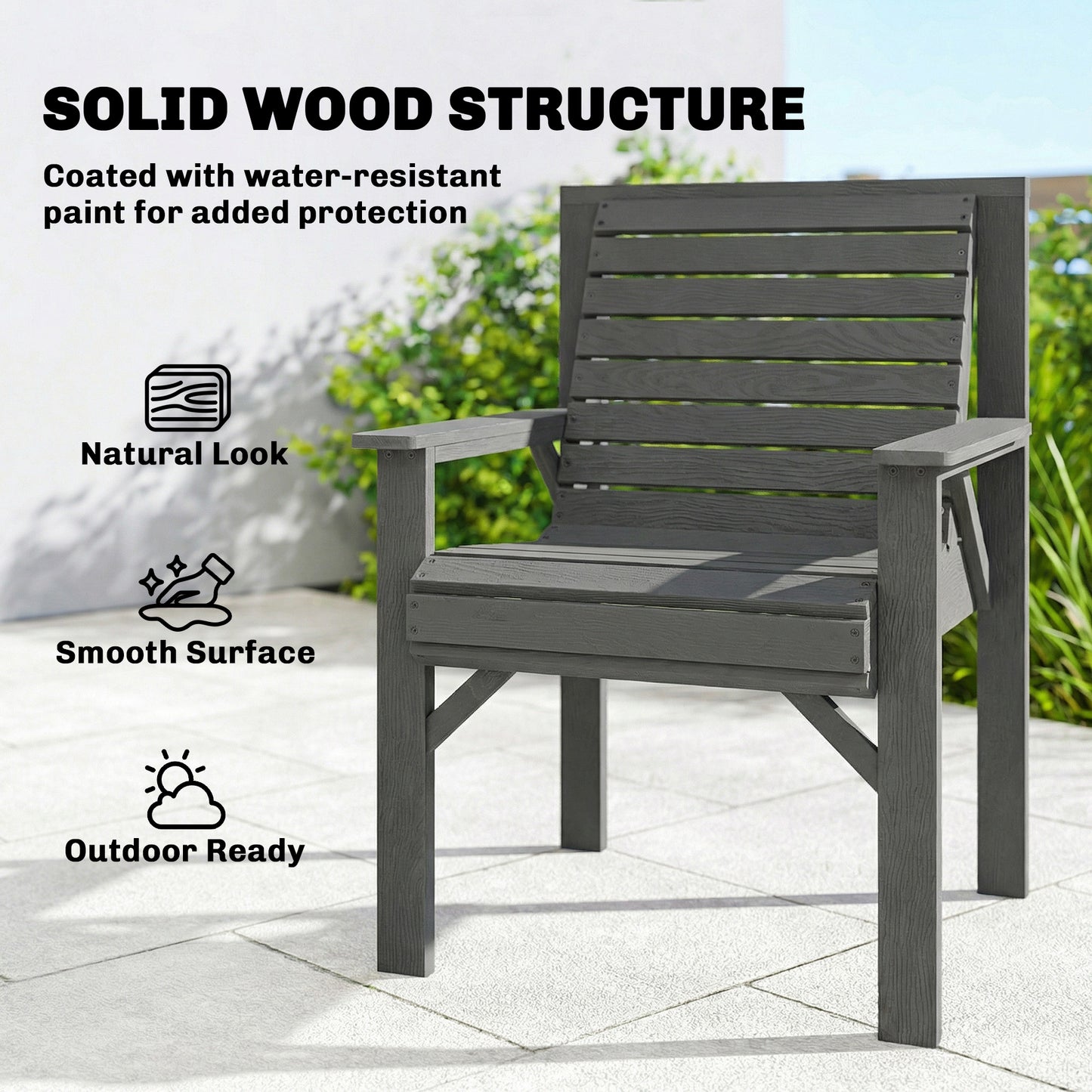 Wood Garden Chair Outdoor Dining Chair with Curved Seat, Grey