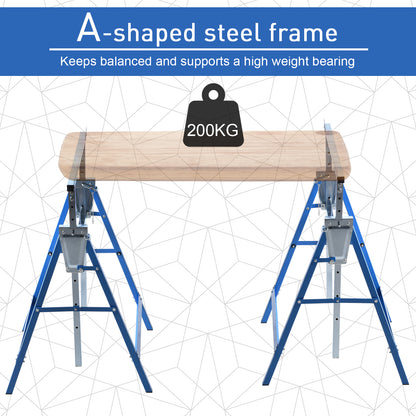 Set Of 2 Steel Saw Horses Telescopic Builders Work Bench Folding Blue