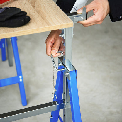 Set Of 2 Steel Saw Horses Telescopic Builders Work Bench Folding Blue