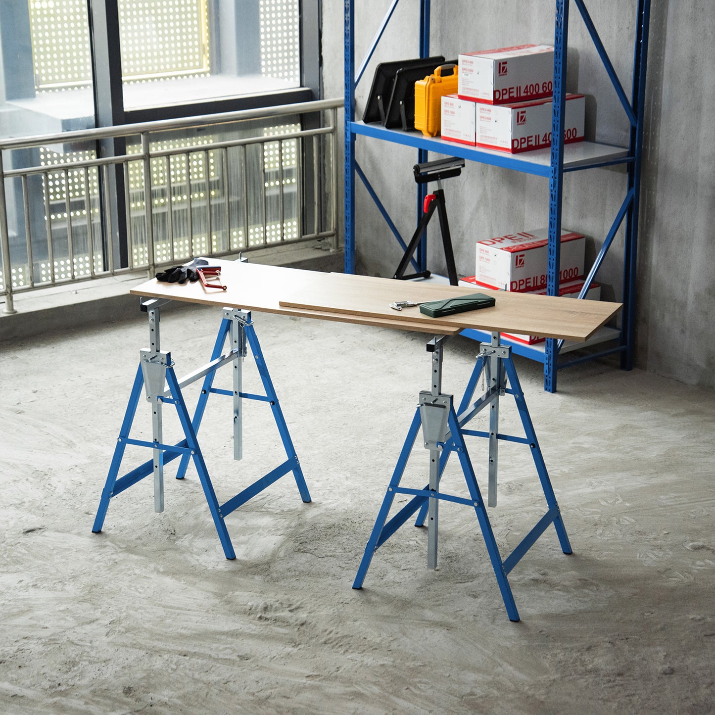 Set Of 2 Steel Saw Horses Telescopic Builders Work Bench Folding Blue