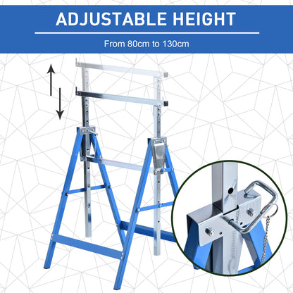 Set Of 2 Steel Saw Horses Telescopic Builders Work Bench Folding Blue