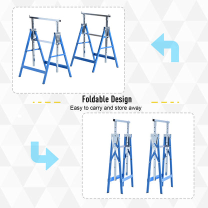 Set Of 2 Steel Saw Horses Telescopic Builders Work Bench Folding Blue