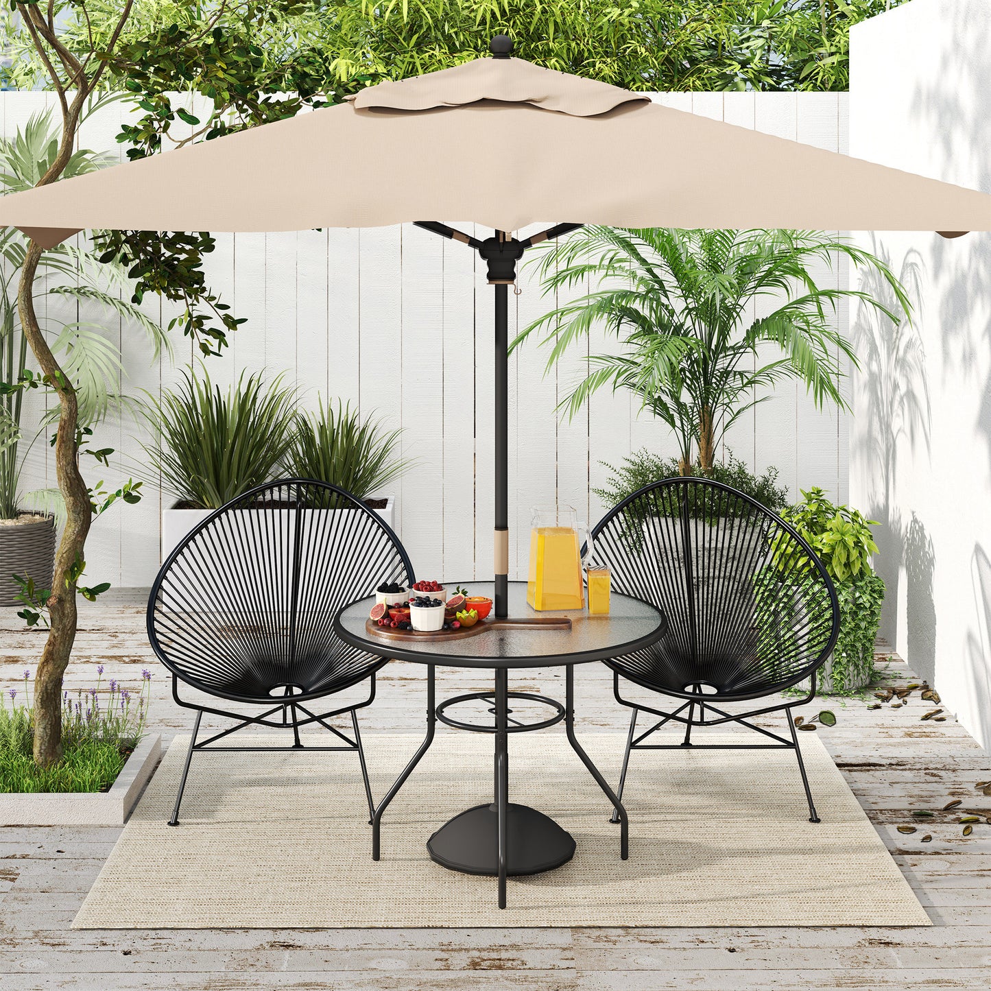 Outdoor Round Dining Table Tempered Glass Top w/ Parasol Hole 100cm