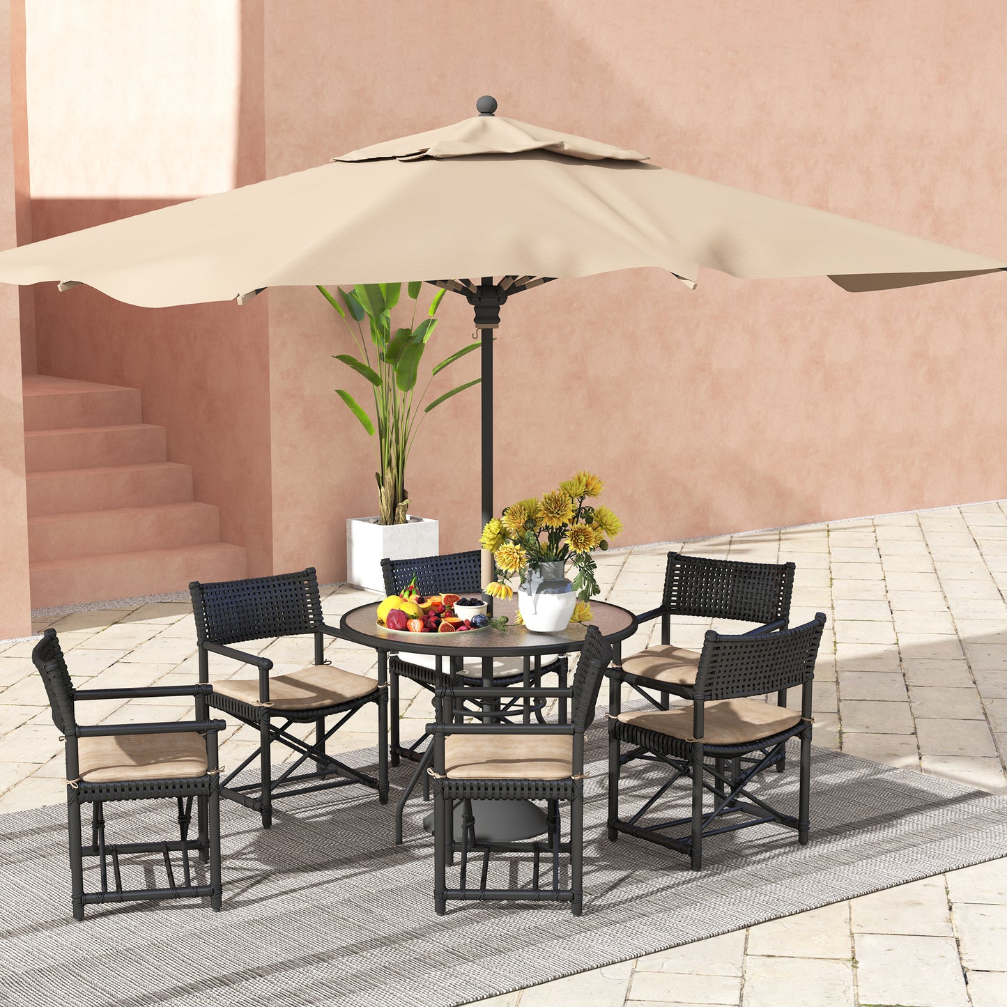 Outdoor Round Dining Table Tempered Glass Top w/ Parasol Hole 100cm